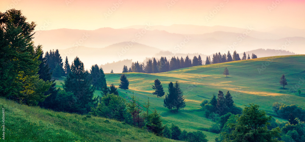 Fabulous summer scene of Carpathian mountains. Panoramic sunrise view of Borzhava ridge, Transcarpathian, Ukraine, Europe. Beauty of nature concept background.