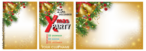 Christmas and New Year backgrounds set decorated Christmas tree branches, golden bells and holly berries. Xmas party invitations templates. Vector