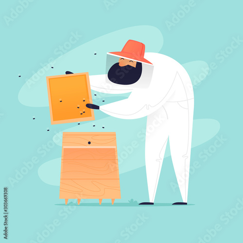 Beekeeper takes honeycomb from hive. Flat design vector illustration.