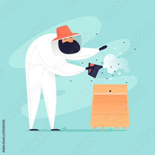 Beekeeper Smokes Bees. Flat design vector illustration.