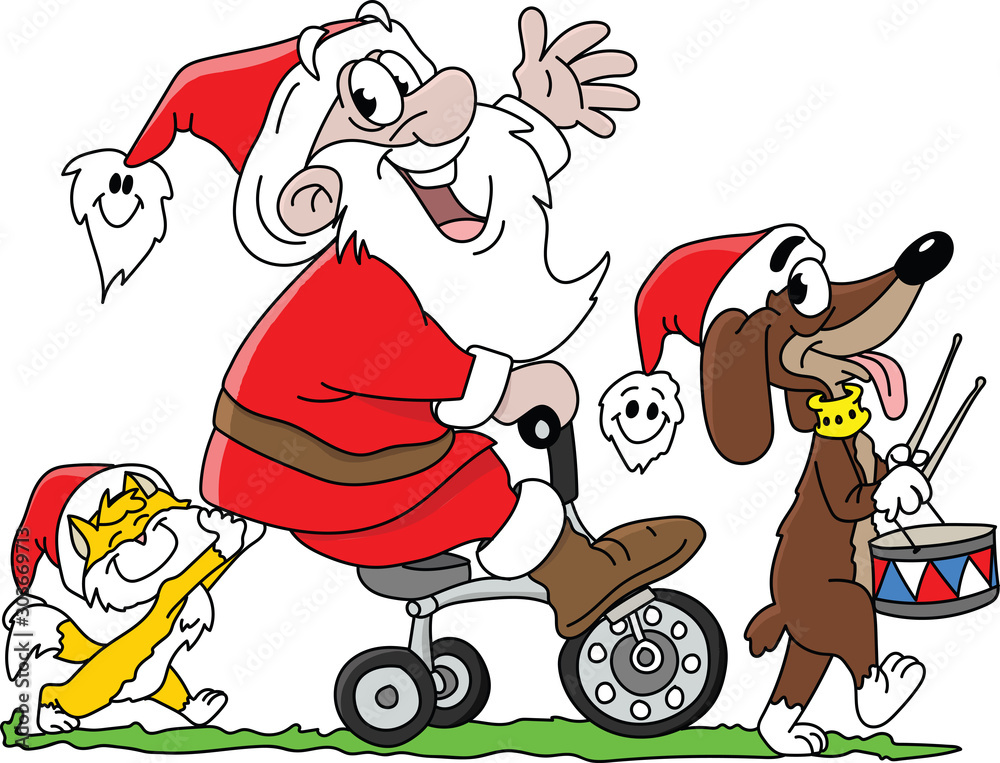 Cartoon Santa Claus riding a tricycle together with his cat and his dog ...