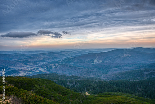 view with mountains to the neighborhood with cloudy weather  poland slovakia  babia gora mountain
