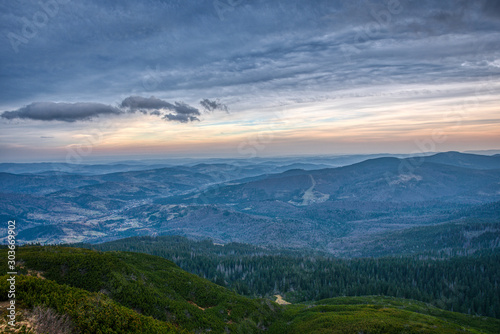 view with mountains to the neighborhood with cloudy weather, poland slovakia, babia gora mountain