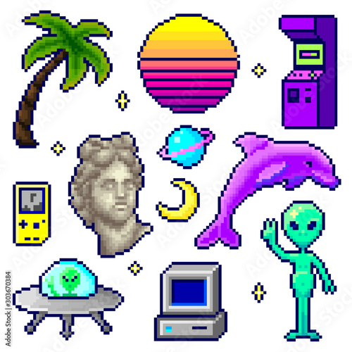 Composition of glitched elements and shapes. Abstract vector vaporwave retrowave style.