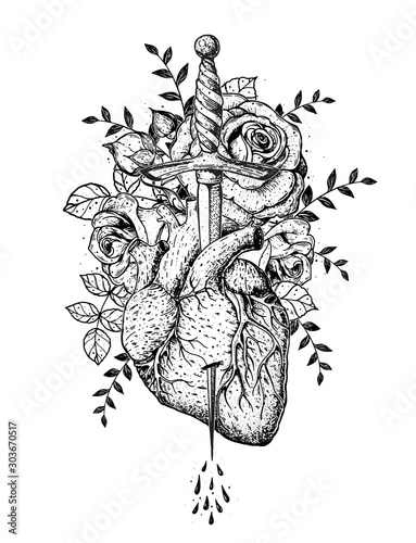 The human heart and roses is pierced with a dagger. Hand drawn vector illustration. Sketch illustration . Tattoo print. Engraved style.