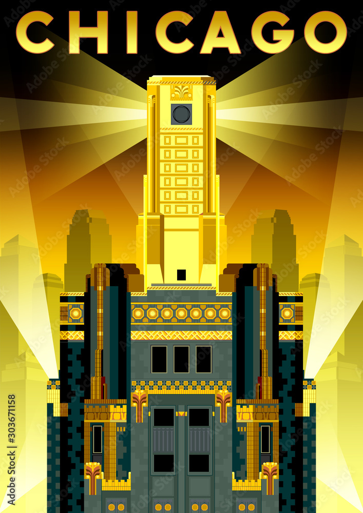 Φωτογραφία Night Chicago Skyscraper in the style of the 30s of the 20th century