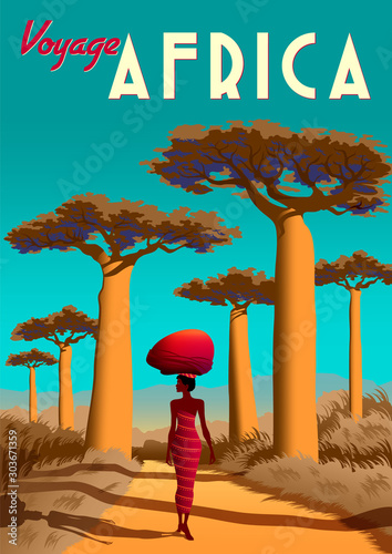 Wallpaper Mural Africa travel poster with a masai girl in the first plan and baobabs and savannah in the background