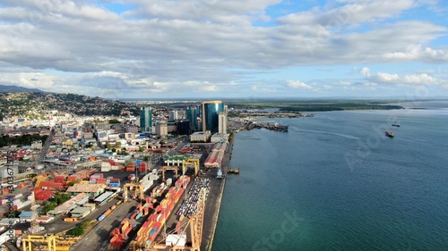 Aerial view of the skyscrapers. Business and government buildings, hotel, plant in the center of the capital.coast line of the seafront and port