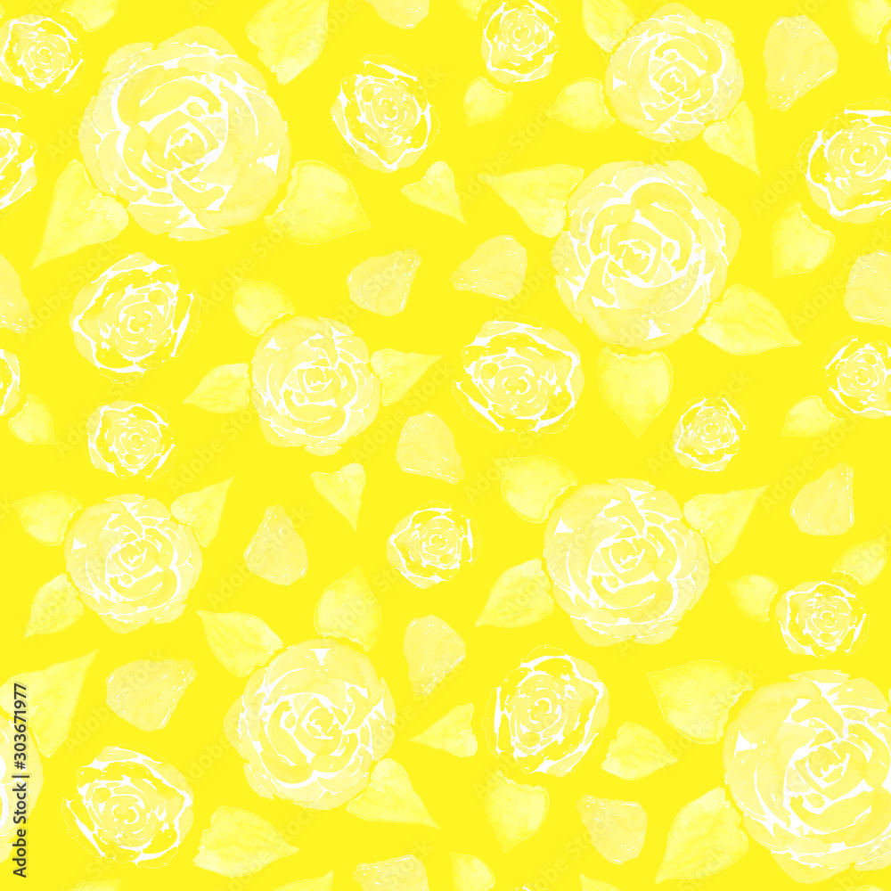Watercolor seamless pattern with white roses and rosebuds on a yellow background.
