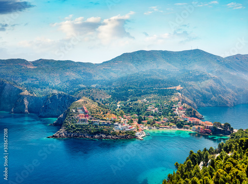 Aerial morning cityscape of Asos village on the west coast of Cephalonia island , Greece, Europe. Amazing summer sescape of Ionian Sea. Traveling concept background.