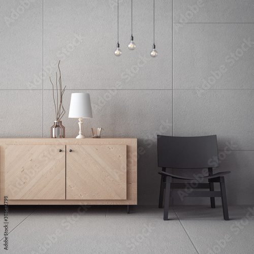 living room cabinet & concrete wall / 3D rendering interior