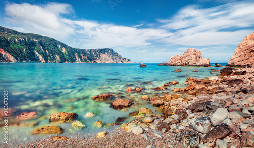 Calm morning scene of Cephalonia Island, Greece, Europe. Sunny seascape of Mediterranen Sea. Stunning outdoor scene of Ionian Islands. Bright summer view of empty Petani Beach.