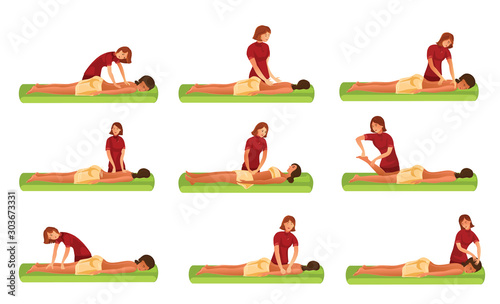 Set of women masseurs making massage for girl vector illustration