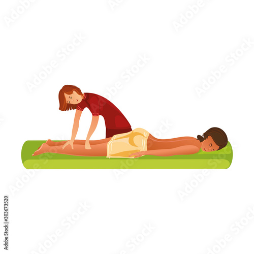 Smiling masseur standing and making massage of legs vector illustration