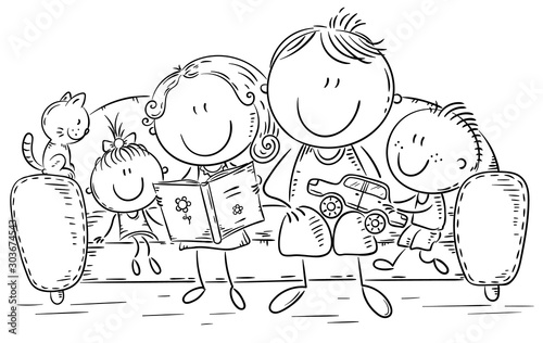 Family with two children at home together, outline