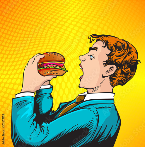 Business people are eating Hamburger. Pop art retro vector stock illustration drawing