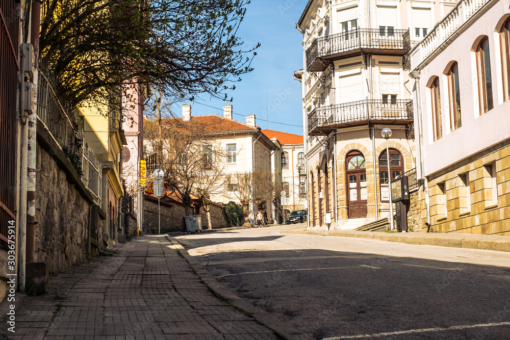 Veliko Tarnovo city, Bulgaria - March 24, 2017. Traditional Bulgarian architecture in the old medieval town area, Veliko Tarnovo city, Bulgaria