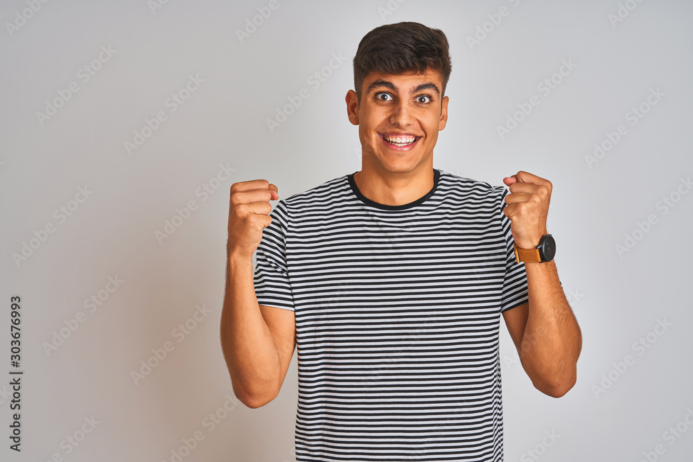 Φωτογραφία Young indian man wearing navy striped t-shirt standing over isolated white background celebrating surprised and amazed for success with arms raised and open eyes