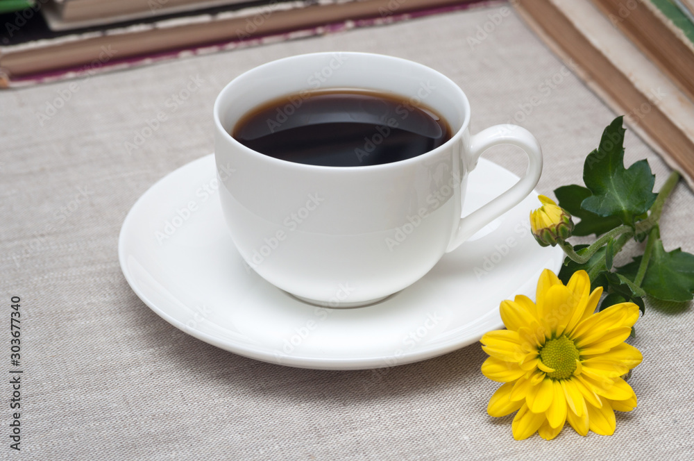 white mug with coffee. morning, breakfast, romantic. white mug with coffee. morning, breakfast, romantic.