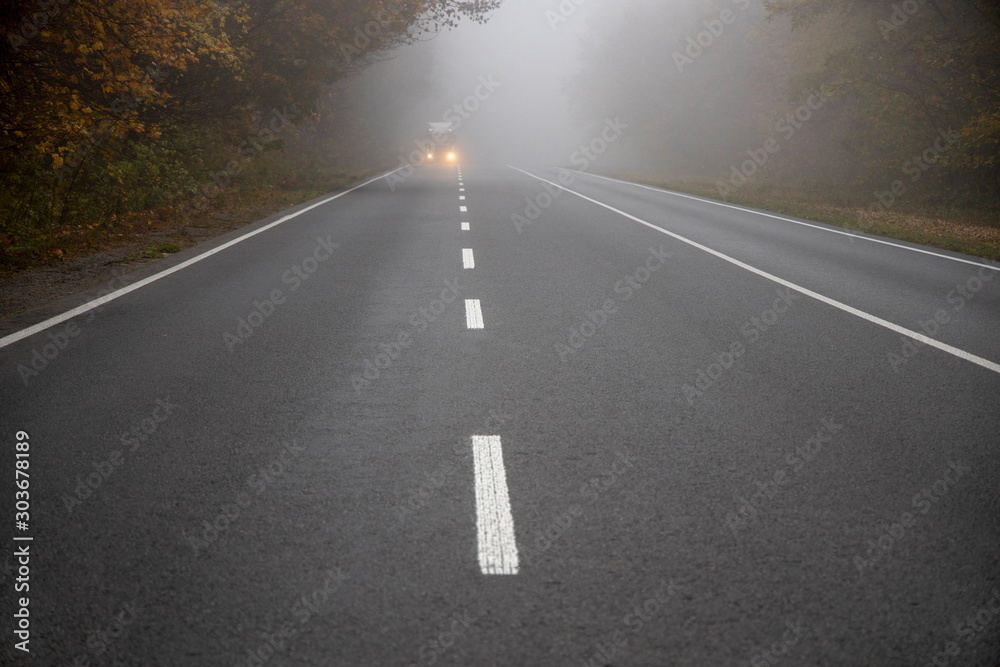 Car on the road in the fog. Autumn landscape.