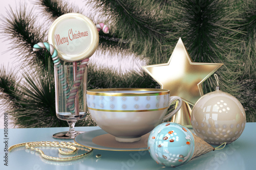 3d illustration of merry christmas card with christmas tree toys tea cup candy ice cream close up on spruce green tree background photo