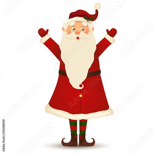 Christmas Cute, Cheerful, funny Santa Claus with glasses, waving hands and greeting isolated on white background. Santa clause for winter and new year holidays. Happy Santa Claus cartoon character.