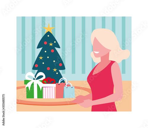 scene of woman with christmas tree and gift
