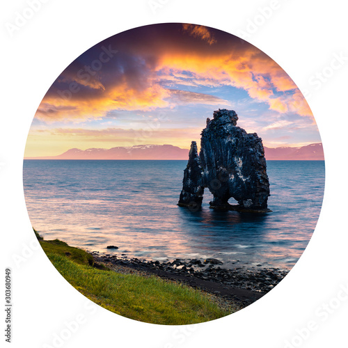 Round icon of nature with landscape. Huge basalt stack Hvtserkur on the eastern shore of the Vatnsnes peninsula. Colorful summer sunrise in Iceland, Europe. Photography in a circle. photo