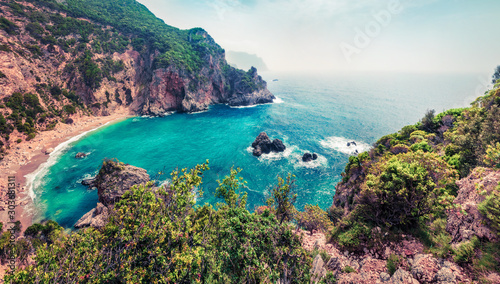 Fantastic summer view of Gyali beach. Colorful morning seascape of Ionian Sea. Captivating outdoor scene of Corfu island, Greece, Europe. Beauty of nature concept background.