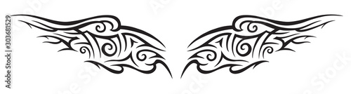 Graphic abstraction in the form of wings, tattoo, vector black and white illustration.