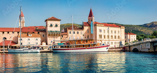 Marvelous summer cityscape of Trogir town. Bright morning seascape of Adriatic sea. Beautiful world of Mediterranean countries. Traveling concept background.