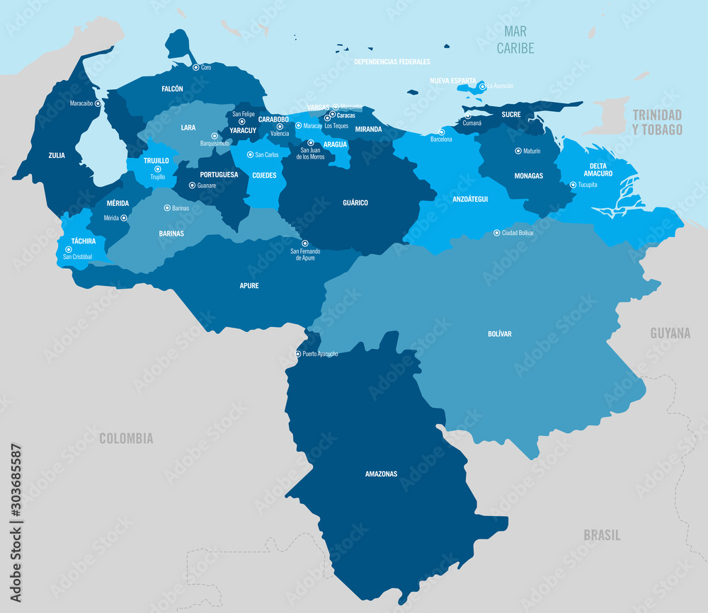 Venezuela Map Vector Map In Blue Tones With Separated Provinces