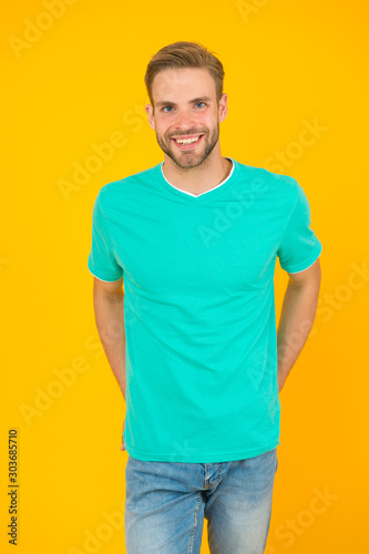 make you feel happier. he has stylish bristle. just feel happiness. handsome guy in good mood. male facial care. having perfect look. sexy man beard yellow backdrop. unshaven man express positivity