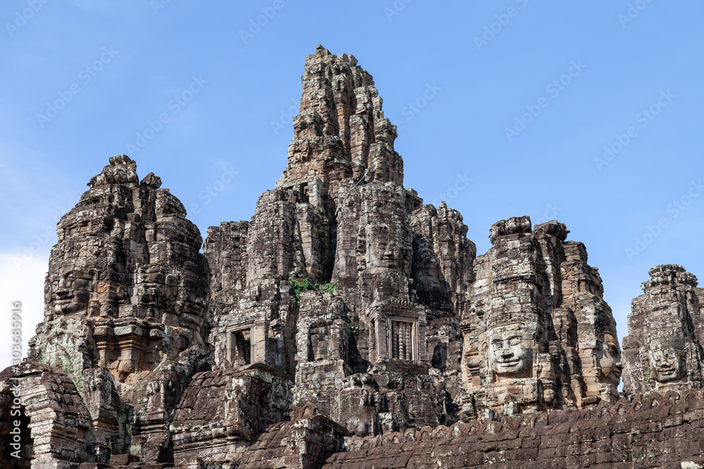 Bayon Temple, Siem Reap, Cambodia. This temple is famous for its variety of different Buddah faces. They are in pristine condition and rank among the most popular temples.