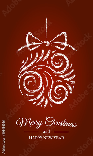 Vector Christmas greeting card design. Abstract swirl Christmas ball on red background.