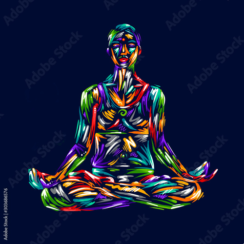Detailed colorful meditation lotus position. silhouette yoga people illustration background. Fitness Concept. Gymnastics. Aerobics. Asanas.