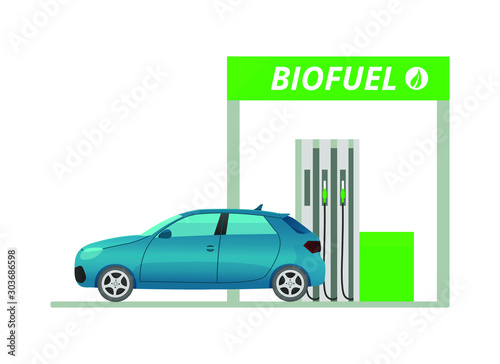 Biofuel gas station with car isolated on white background