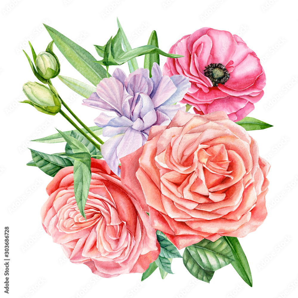 Φωτογραφία watercolor illustration, botanical painting, bouquet of flowers lisianthus, ranu