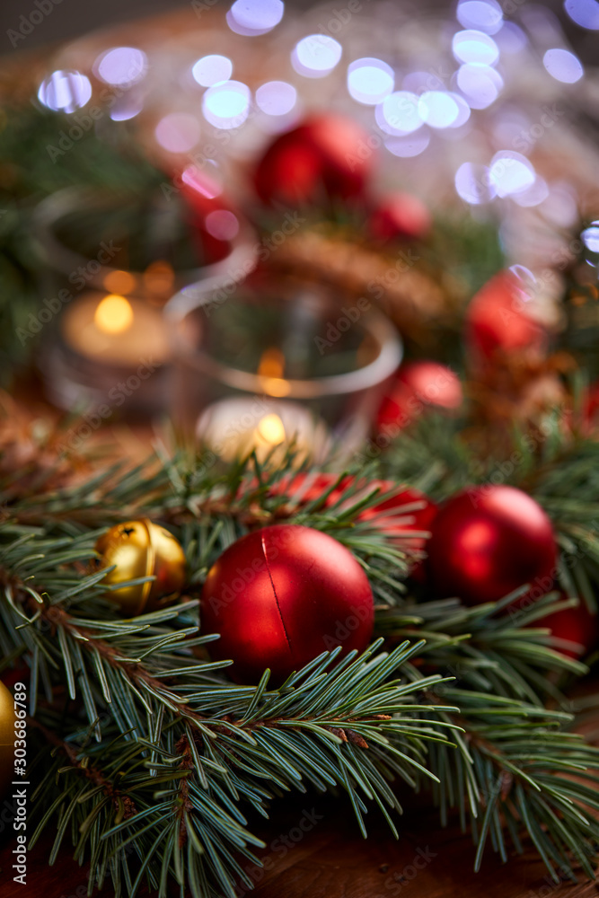 christmas wreath with red and golden balls