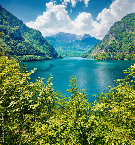 Picturesque summer view of Pivsko lake. Amazing morning scene of canyon of Piva river, Pluzine town location, Montenegro, Europe. Beautiful world of Mediterranean countries.