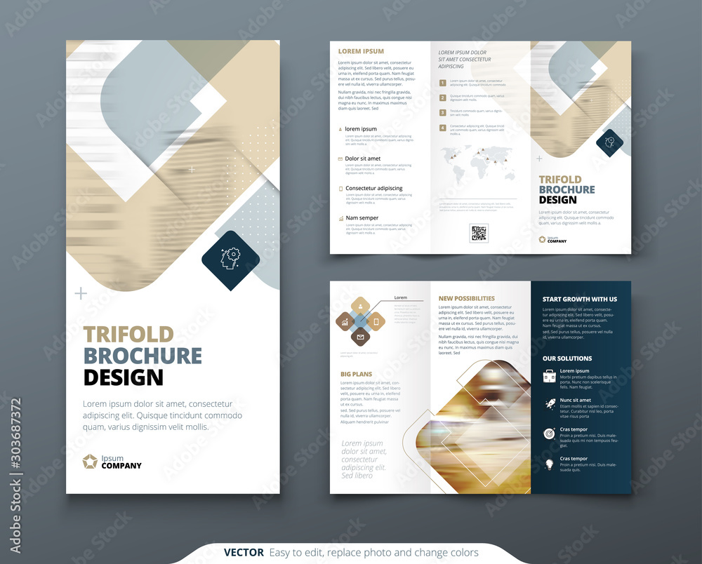 Tri fold brochure design with square shapes, corporate business template for tri fold flyer. Creative concept folded flyer or brochure.