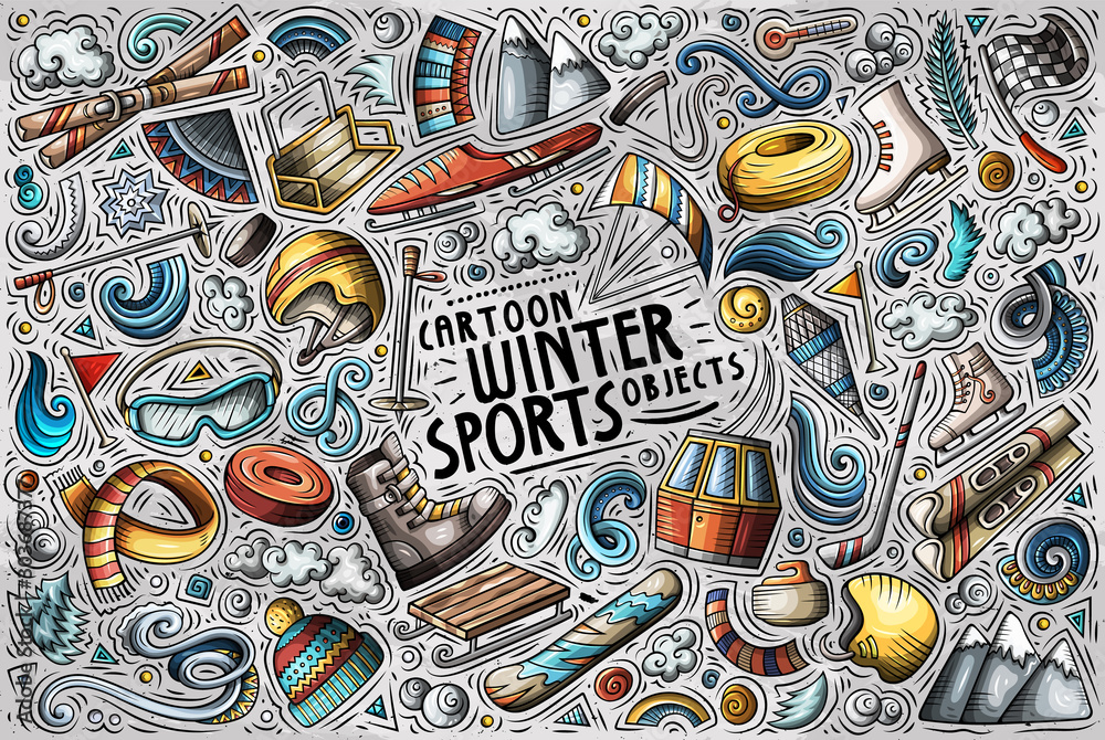 Vector hand drawn doodle cartoon set of Winter sports objects and symbols