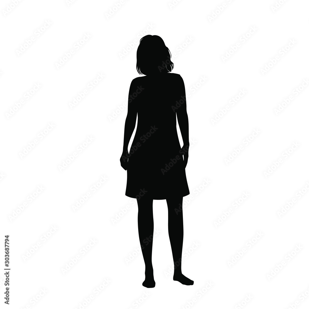 Silhouette of a woman in summer dress standing, business people,vector illustration, black color, isolated on white background