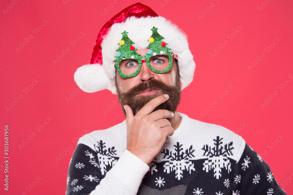 Santa needs good beard. Hipster touch beard hair in festive style. Bearded man with long mustache and beard. Beard styled for santa claus look. Mens grooming salon. Barbershop