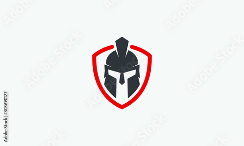 shield and helmet of the Spartan warrior symbol, emblem. Spartan helmet logo, vector illustration of spartan shield and helm, Spartan Greek gladiator helmet armor flat vector icon