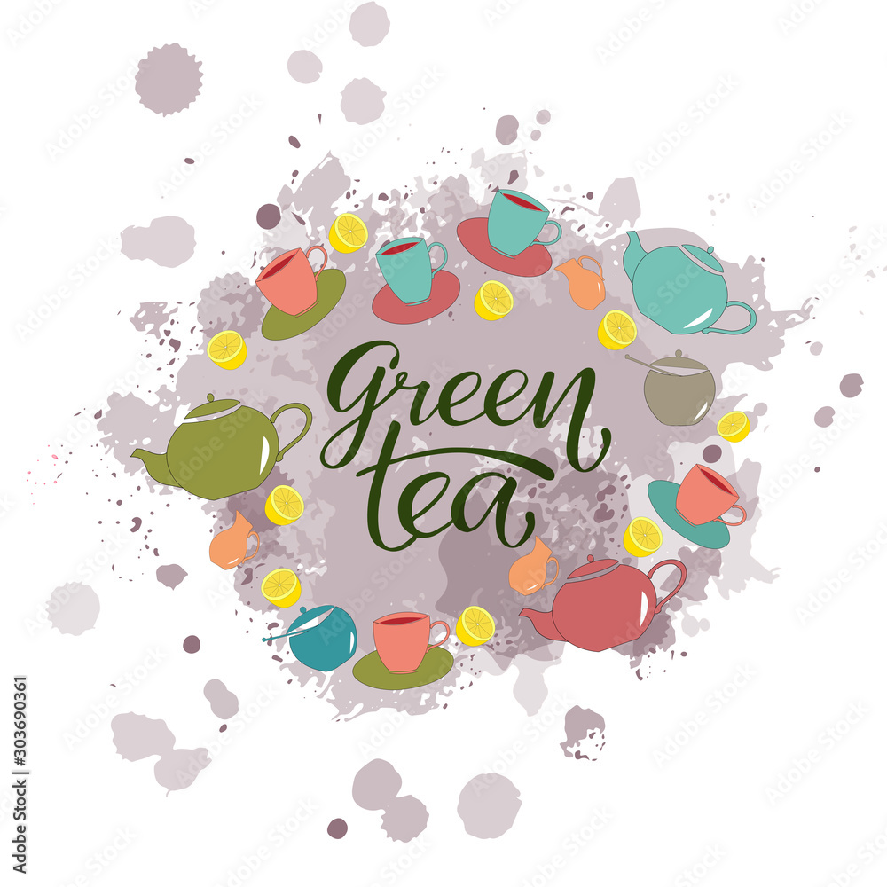 Green tea – calligraphy, lettering. Hand drawn teapot and cup collection, sugar bowl, lemon isolated on background. Vector illustration of tea with icons for tea shop, tea house, cafe, packing design