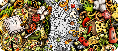 Pizza hand drawn doodle banner. Cartoon detailed flyer.