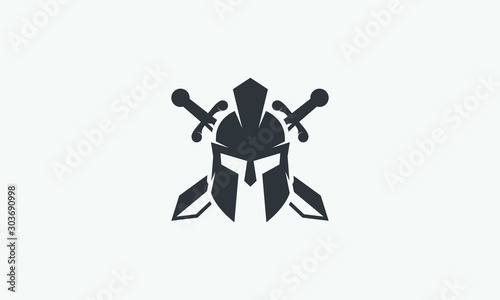 Wreath, swords and helmet of the Spartan warrior symbol, emblem. Spartan helmet logo, vector illustration of spartan crossed sword and helm, Spartan Greek gladiator helmet armor flat vector icon