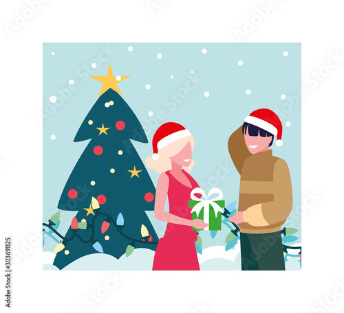scene of couple with christmas tree and boxes gift