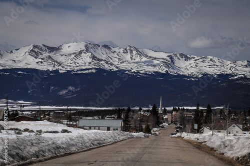 Panorama of the city of Leadville in Colorado, usa, during winter time, with majestic rocky mountains in the background photo